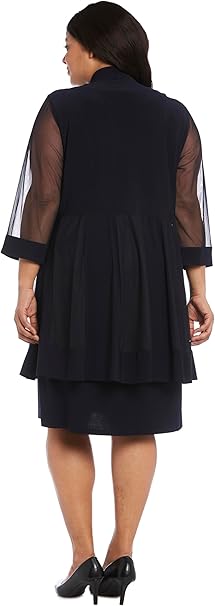 R&M Richards Women's 2 Piece Mesh Panel Beaded Neck Jacket Dress Plus, Navy, 20