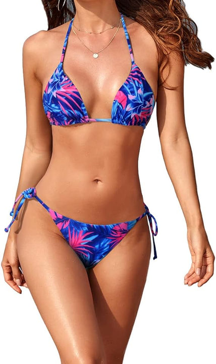 Tainehs Women's Sexy Halter Thong Bikini Tie Two Sides Bottom Triangle Bikini Swimsuits