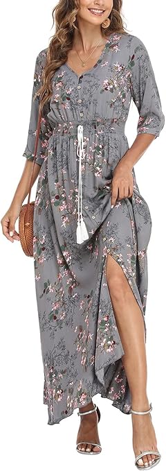 VOGMATE Womens Summer Maxi Dress Floral Boho Short Sleeve Split V Neck High Waist Drawstring Button Decoration Casual Cocktail Beach, M