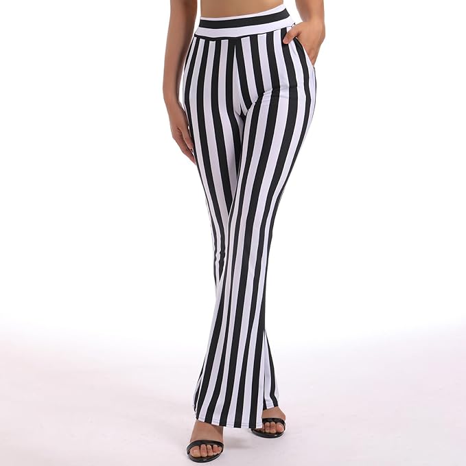 IMEKIS Women's Vertical Striped Trousers Black White Striped Trousers Slim Elastic Tights Leggings Long Yoga Pants Jogging Bottoms Thin Casual Trousers, Black+white, M