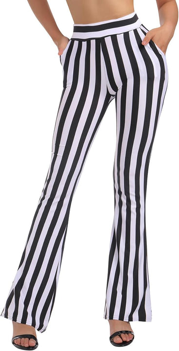 IMEKIS Women's Vertical Striped Trousers Black White Striped Trousers Slim Elastic Tights Leggings Long Yoga Pants Jogging Bottoms Thin Casual Trousers, Black+white, M