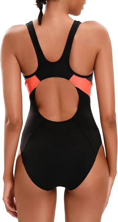 Veranobreeze Women's Sports One Piece Swimsuit Racerback Black Sports Swimwear（Grey & Orange,UK18）