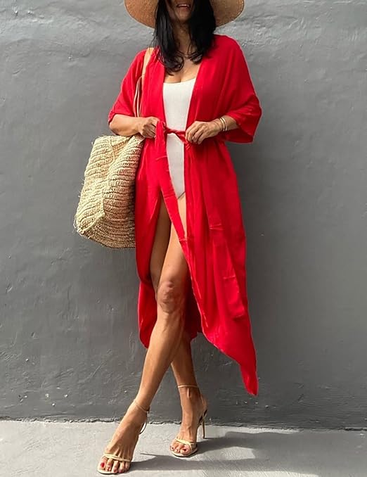 Bsubseach Women Solid Red Long Beach Swimsuit Cover Ups for Swimwear Sexy Bikini Beach Kimono Cardigan, Red, XXL