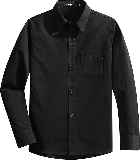 Spring&Gege Boys' Long Sleeve Solid Formal Uniform Cotton Twill Dress Shirts, Black, 13-14 Years