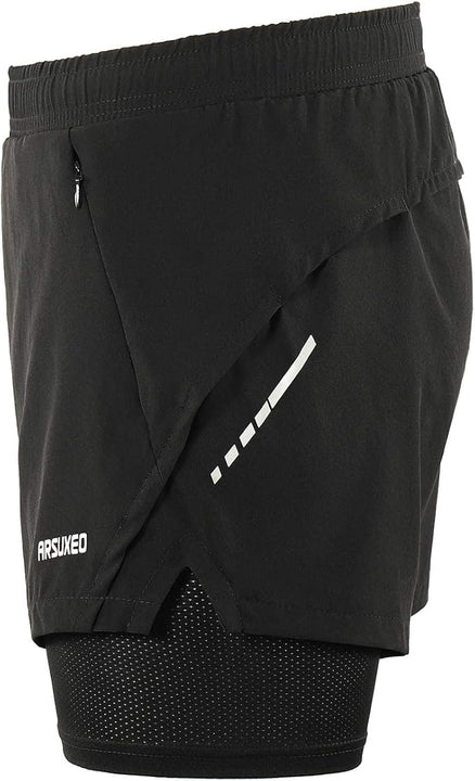 ARSUXEO Men's 2 in 1 Running Shorts Breathable Zipper Pocket B202 Black Size Large
