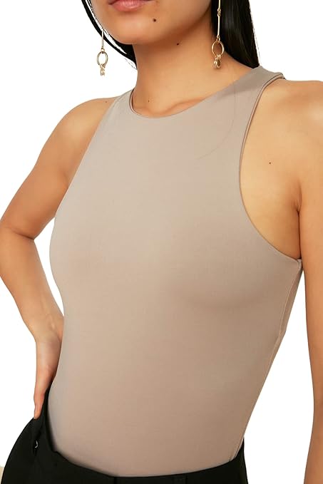 Trendyol Women Plain Thin Knit Bodysuit, Mink, L