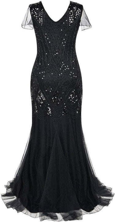 aifuu 1920s Flapper Fringed Sequin Dress Roaring 20s Fancy Dress Gatsby Costume Dress V Neck Vintage Beaded Evening Dress (All Black, L)