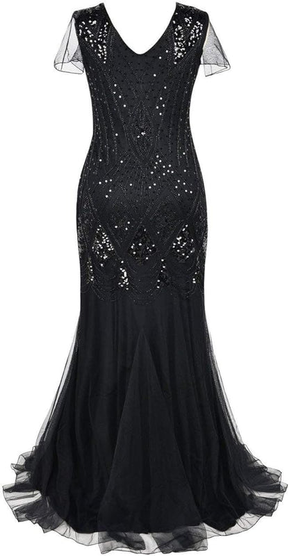 aifuu 1920s Flapper Fringed Sequin Dress Roaring 20s Fancy Dress Gatsby Costume Dress V Neck Vintage Beaded Evening Dress (All Black, L)