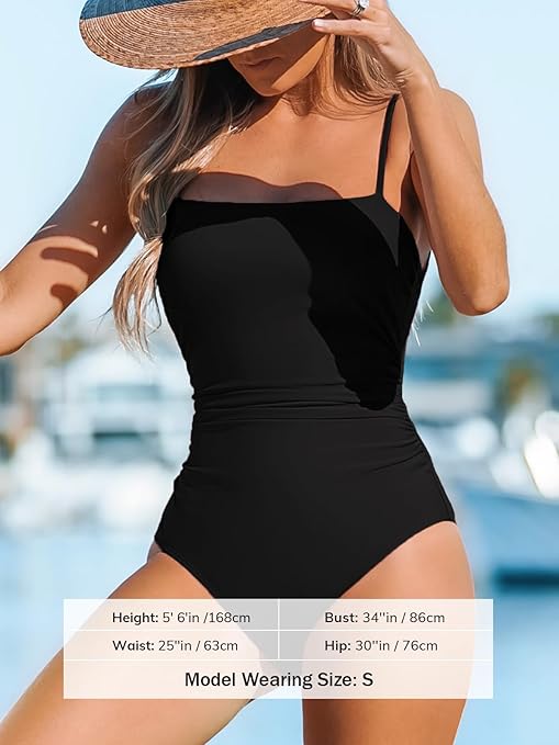 CUPSHE Women Swimsuit One Piece Square Neck Cutout Back Swimming Costume Tummy Control with Adjustable Spaghetti Straps Bathing Suit Swimwear Black M