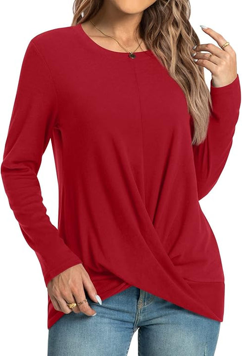 HOTGIFT Womens Christmas Tunics Top Casual Long Sleeve T-Shirts Sweaters Blouse Crewneck Red Large