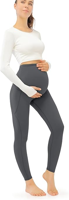 JOYSPELS Maternity Leggings Over The Belly with Pockets Non-See-Through Workout Pregnancy Leggings, Grey, Large