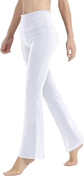 LaiEr Yoga Pants for Women Tummy Control Workout Bootleg Pants High Waist 4 Way Stretch Pants with Inner Pockets(White,L)