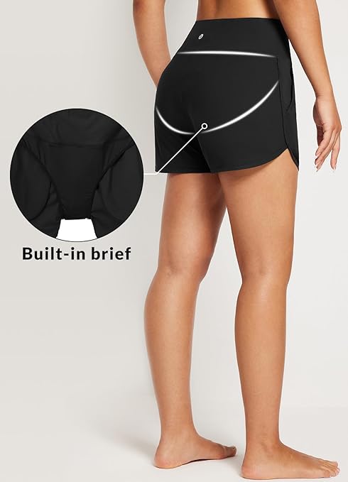 baleaf Swim Shorts Womens Tummy Control High Waisted Swimming Board Shorts with Pockets Liner Quick Dry 3'' UPF 50+ Black M