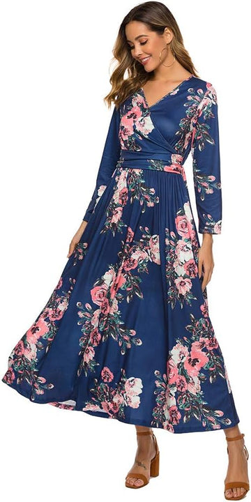 Women's Casual Floral Printed Long Maxi Dress with Pockets Long Sleeve Dresses Navy XXL