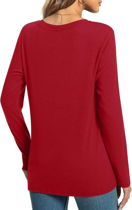 HOTGIFT Womens Christmas Tunics Top Casual Long Sleeve T-Shirts Sweaters Blouse Crewneck Red Large