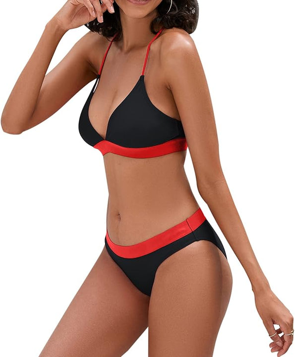 iSLASISIA Women’s Bikini Swimsuit Criss Cross Back Triangle Bikini Tie Back Bikini Set Two Piece Swimsuits(Black & Red,UK16)