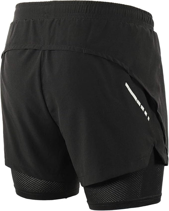 ARSUXEO Men's 2 in 1 Running Shorts Breathable Zipper Pocket B202 Black Size Large