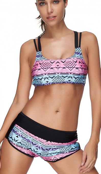 EUDOLAH Women Tribal Printed Tankini Set Soft Elastic Swimsuits with Boyshort Three Piece Bikini (L, Z Black)