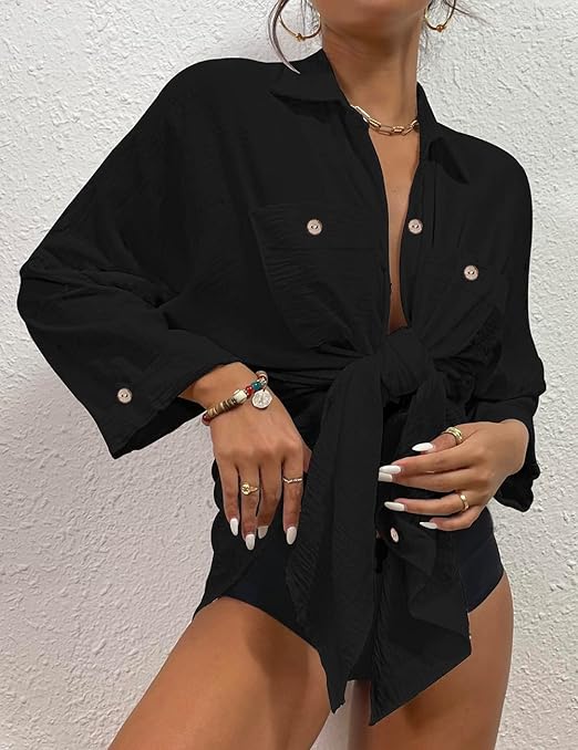 Bsubseach Swimsuit Coverups for Women Button Down Beach Shirt Dress Bathing Suit Cover Up Resort Wear Black L