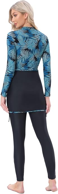 seafanny Womens' 3 Pieces Muslim Swimwear Full Cover Hijab Burkini Modest Swimsuit(Palmetto Leaf 16-18) 3XL