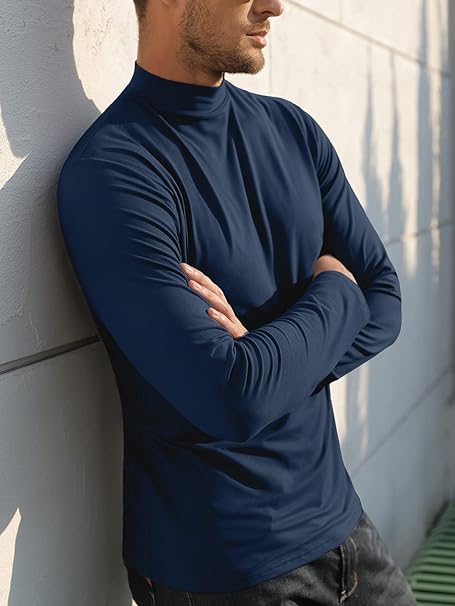 Mens Half Turtleneck Shirt Long Sleeve Pullover Basic Designed Undershirt Polo Neck Stretch Slim Fit Sweaters Black Blue, XL