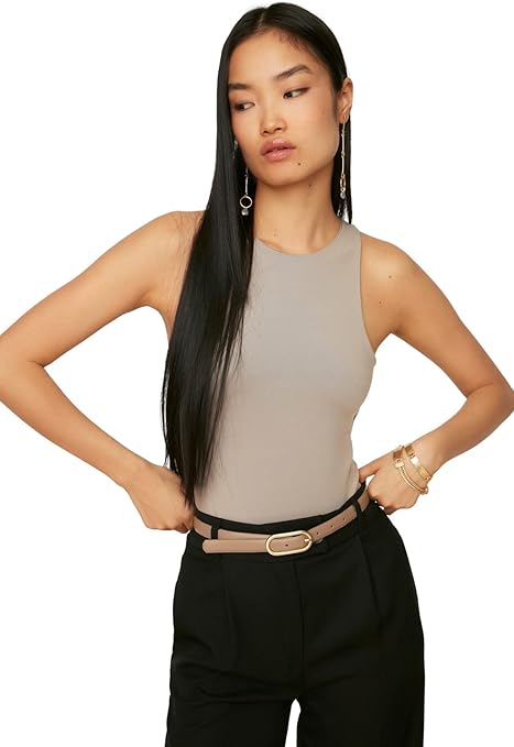 Trendyol Women Plain Thin Knit Bodysuit, Mink, L