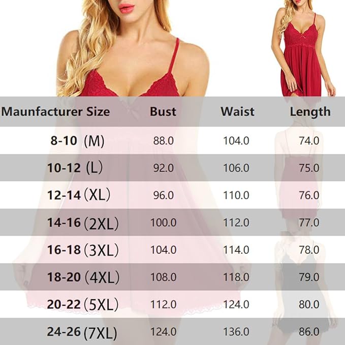 Bunanphy Sexy Lingerie Dress Babydoll Nightwear Set Women Lace Nightdress Sleepwear with G-String Black 14-16
