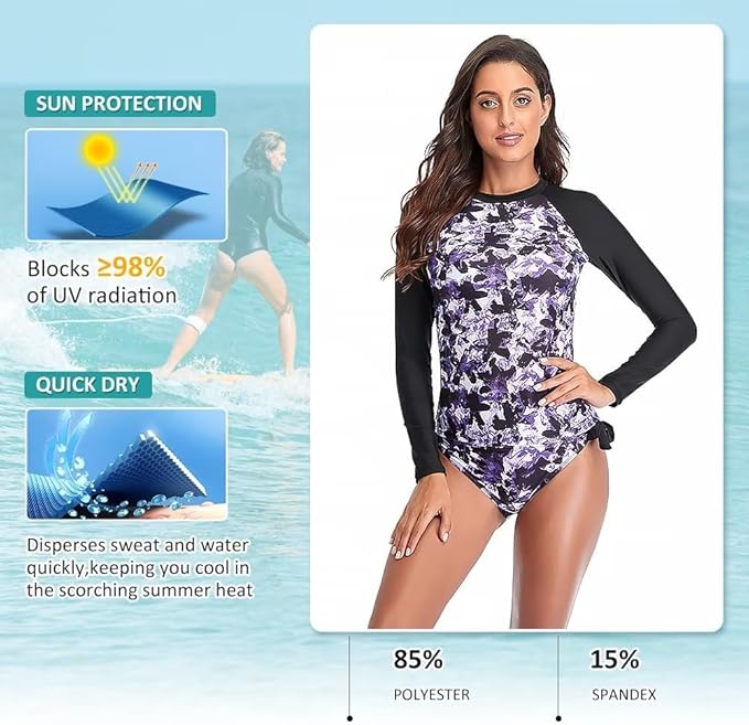Sillictor Rash Vest Women Swimming Tops UV Womens Swim Shorts and Top Set Ladies 2 Piece Long Sleeve Swimsuits for Women Rash Guard Shirts with Build in Bra for Surfing,Quick Dry 172 Purple M
