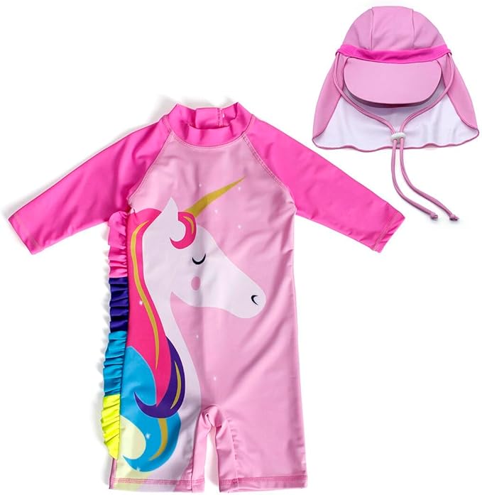 KumSoomliy Girls Swimming Costume One Piece Swimsuit Unicorn Swimwear Zipper Bathing Suit Surfing Swimming UV Protection Children Kids Rush Guard Summer Holiday Beachwear Swimsuits 3-4 Y, Size 3,Pink