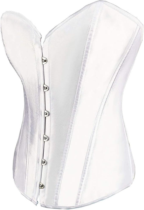 RHISLEO Women Satin Plain Pure Black Bustier Top Burlesque Basque Shaper Boned Corset (White, 8)