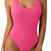 Limeeke Women One Piece Swimsuit Solid Ribbed Monokini Swimwear Scoop Neck Low Back Bathing Suit, Hot Pink, Small