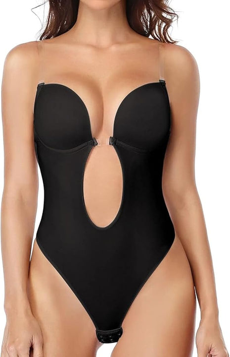 GWAWG Shapewear Bodysuit Women, Women's Deep V-Neck Clear Strap Body Bra for Parties, Dresses, Weddings (Black, XL)