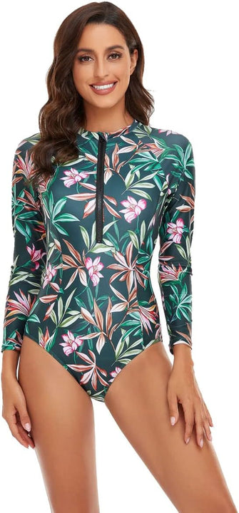 Beachkini One-Piece Swimsuit for Women Long-Sleeved Swimwear with Front Zip Triangle Swimsuit,11 Green,L