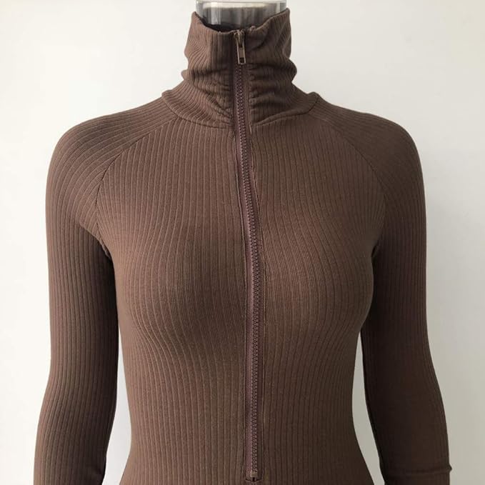 XLLAIS Women's Long Sleeve High Neck Zipper Bodycon Tight Full Length Jumpsuits Rompers One Piece Outfits Brown M