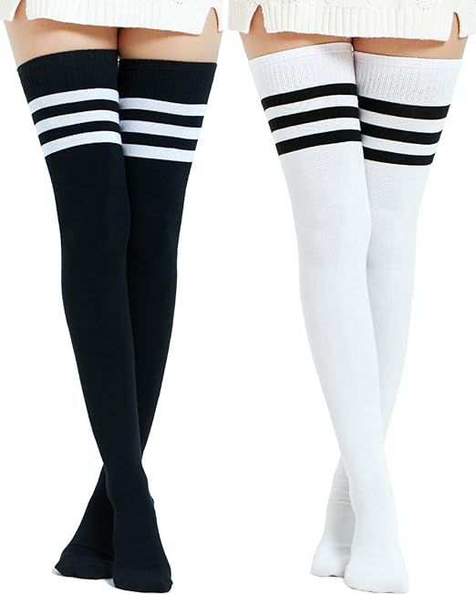 Kayhoma Extra Long Cotton Stripe Thigh High Socks Over the Knee High Plus Size Stockings…, Black/White, M