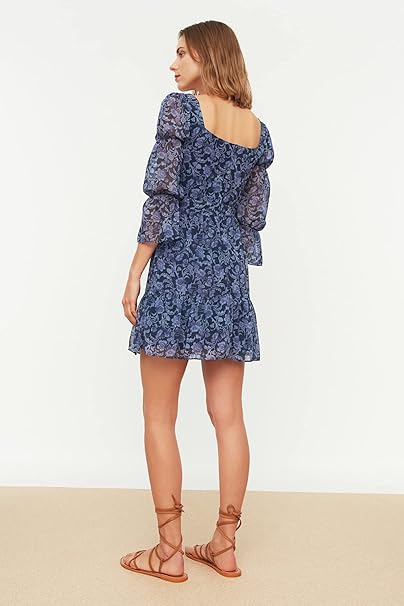 TRENDYOL Women's Flyraded Pattern Casual Dress, Navy/Purple, 6