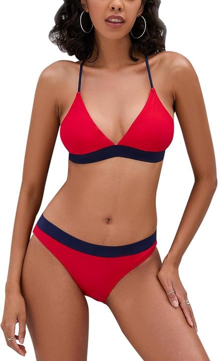 iSLASISIA Women’s Bikini Swimsuit Criss Cross Back Triangle Bikini Tie Back Bikini Set Two Piece Swimsuits (Red & Blue,UK8)