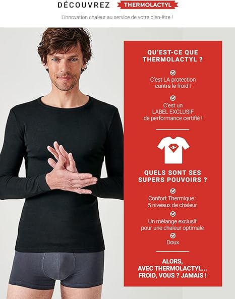 Damart Men's T-Shirt Col V, Maille Interlock Thermolactyl Thermal Top, Black, M