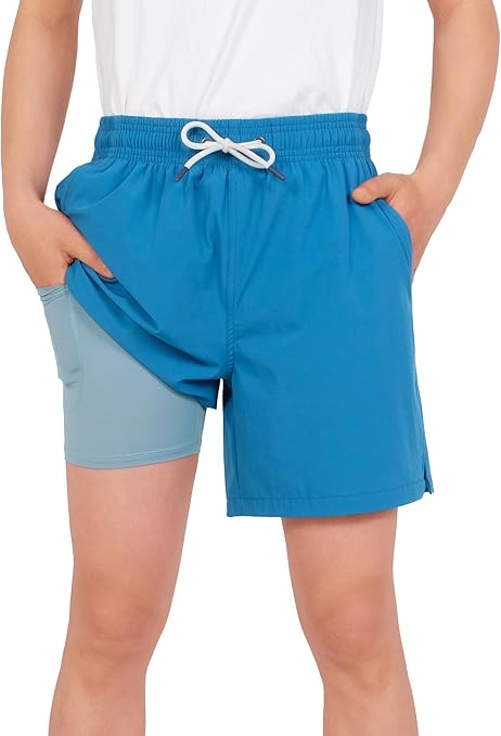 YoungSoul Boys' Swimming Shorts with Compression Liner Quick Dry Kids Swim Trunks 2 in 1 Swimwear Beach Shorts Aqua Blue 9-10 Years Size 150