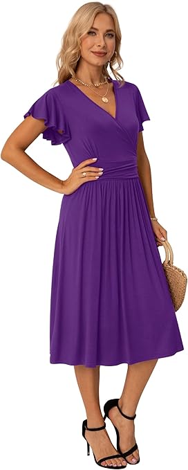 GRECERELLE Womens Summer Wrap Dress Ladies Casual Ruffle Short Sleeve V-Neck Floral Beach Dresses for Women (04 Purple, XL)