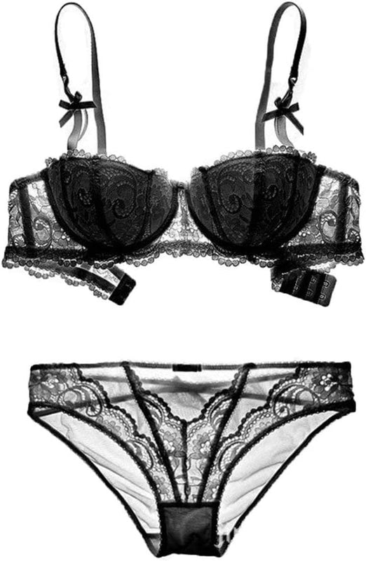 Bluewhalebaby Women's Underwire Push up Demi Balconette Bra and Knickers Set Lace Lingerie Sets Black 36C