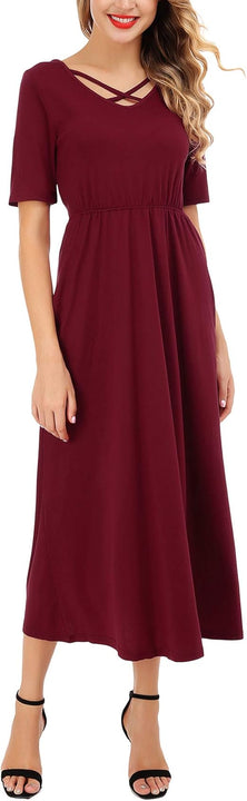 FISOUL Womens Short Sleeve Criss Cross Maxi Dresses Plain Loose Long Dresses with Side Pockets (Burgundy, XX-Large)