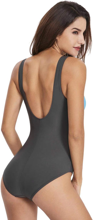 Womens One Piece Swimsuit Tummy Control Swimming Costume Slimming Monokini Push Up Swimwear Splicing Striped Sports Scoopback Bathing Suit with Removable Foam Cups Athletic Padded Swimsuits