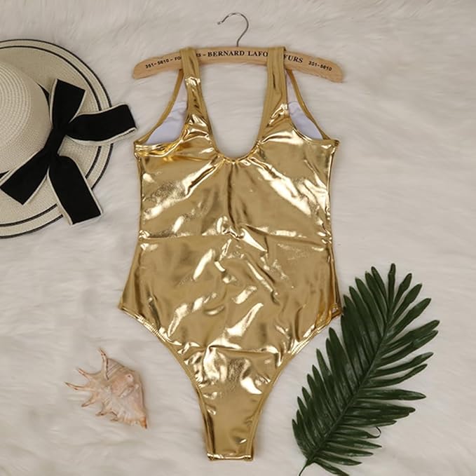IDOPIP Rave Outfit Women's Festival Metallic Shiny Backless Full Body Swimsuit 80/90s Holographic Gymnastics Swimsuit V-Neck Bodysuit One-Piece Swimwear Bikini Swimwear, golden, M