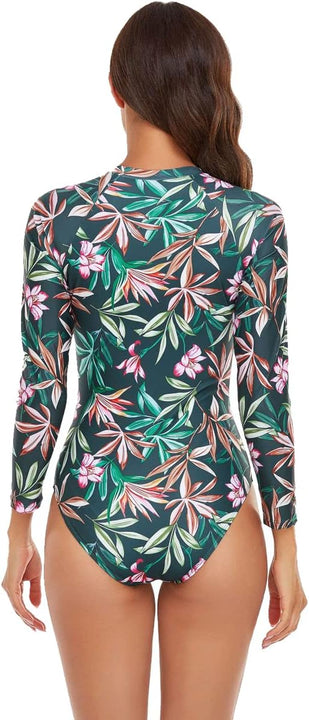 Beachkini One-Piece Swimsuit for Women Long-Sleeved Swimwear with Front Zip Triangle Swimsuit,11 Green,L