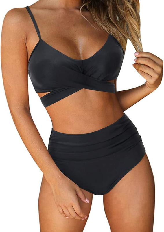 DOULAFASS High Waisted Bikini Set Push Up Bikini Top Tummy Control Bikini Padded 2 Piece Bikini Black, M