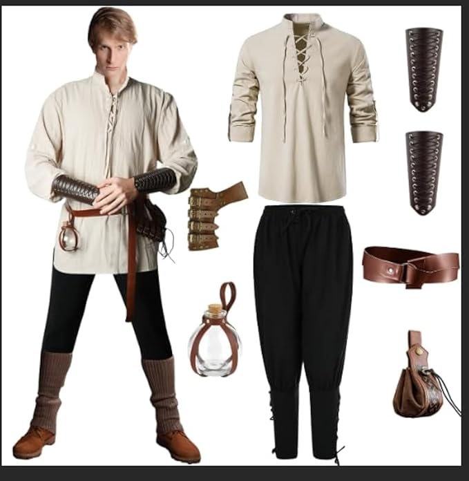 PLULON 9 Pcs Mens Renaissance Faire Costume V-neck Shirts Pants Medieval Knight Costume with Renaissance Accessories for Dress Up Halloween, XL, Beige