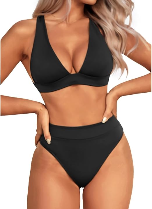 Yonique High Waisted Thong Bikini Set Two Piece Swimsuit High Cut Bikini V Neck Bathing Suit, Black, Large