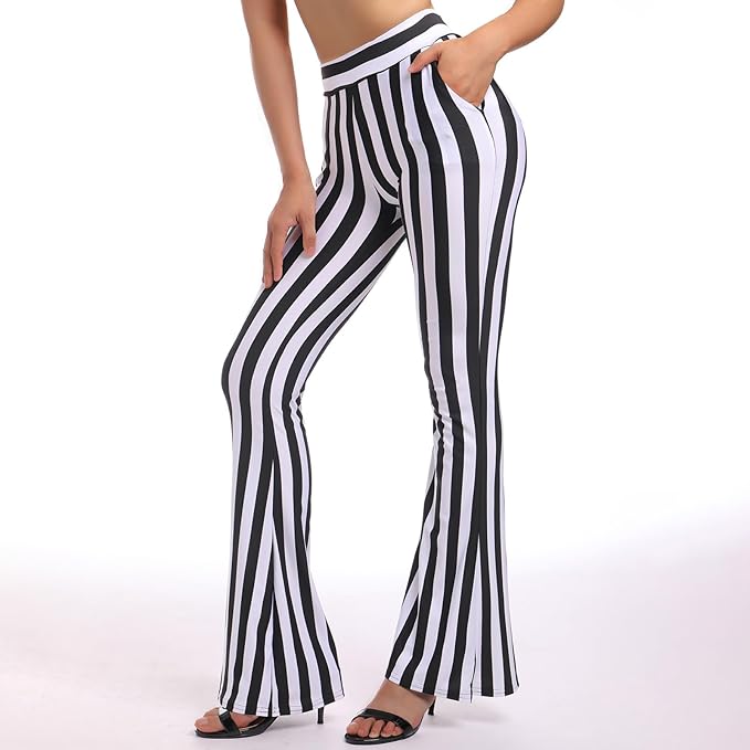 IMEKIS Women's Vertical Striped Trousers Black White Striped Trousers Slim Elastic Tights Leggings Long Yoga Pants Jogging Bottoms Thin Casual Trousers, Black+white, M