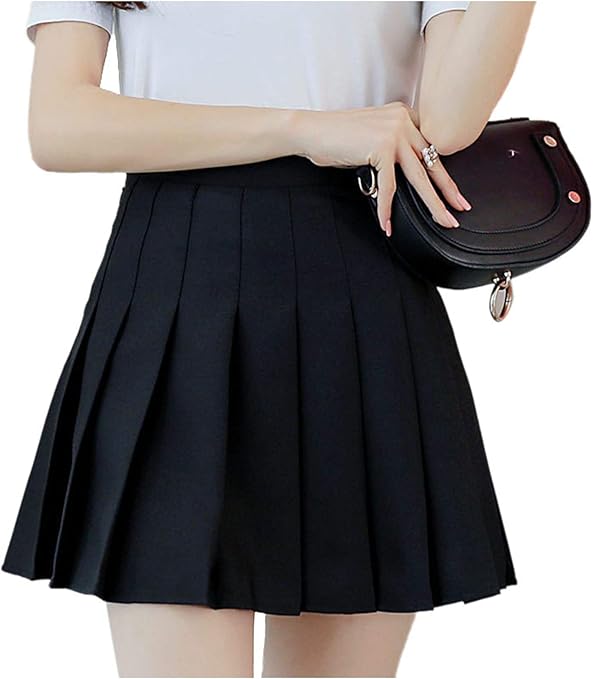 Nonotse Women Girls High Waist Pleated Skater Tennis School Short Skirt (Black, XL)